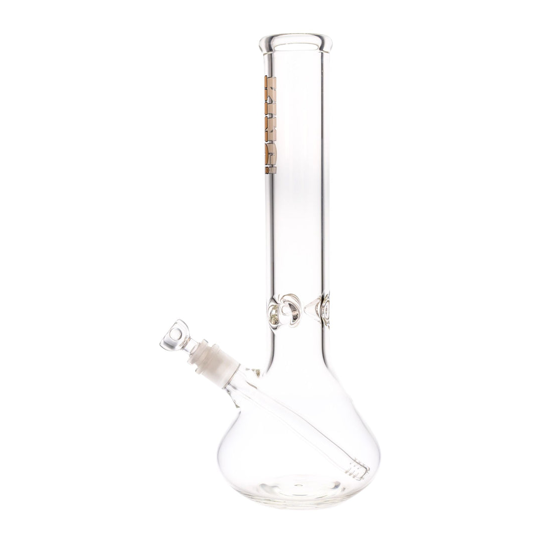 "Left-side of a King Volcano 50mmx14in beaker with a white logo near the mouthpiece. This piece features a diffused downstem and a three-prong ice pinch," - Up N Smoke.