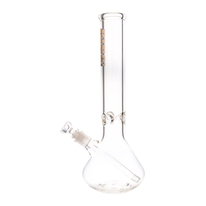 "Left-side of a King Volcano 50mmx14in beaker with a white logo near the mouthpiece. This piece features a diffused downstem and a three-prong ice pinch," - Up N Smoke.