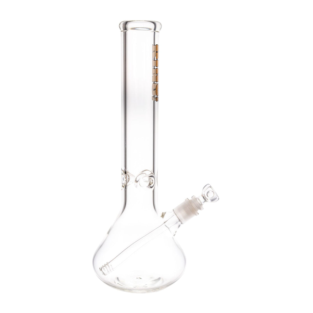 "Right-side of a King Volcano 50mmx14in clear beaker that features a diffused downstem and a three-prong ice pinch," - Up N Smoke.