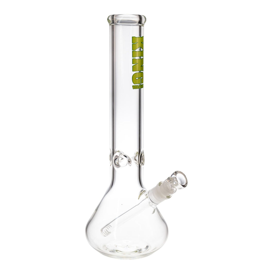 "Right side of an American-made King Volcano 50mmx14'' Beaker. This piece features a diffused downstem and a three-prong ice pinch," - Down to Earth.