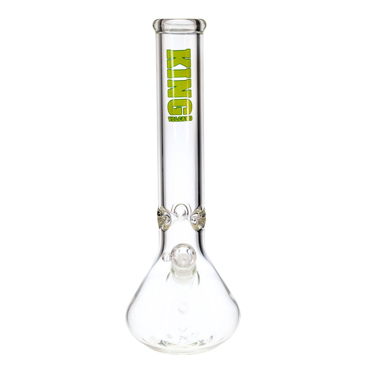 "Full frontal view of a King Volcano 50mmx14in water pipe. This piece features a three-prong ice pinch and a diffused downstem," - Down to Earth.