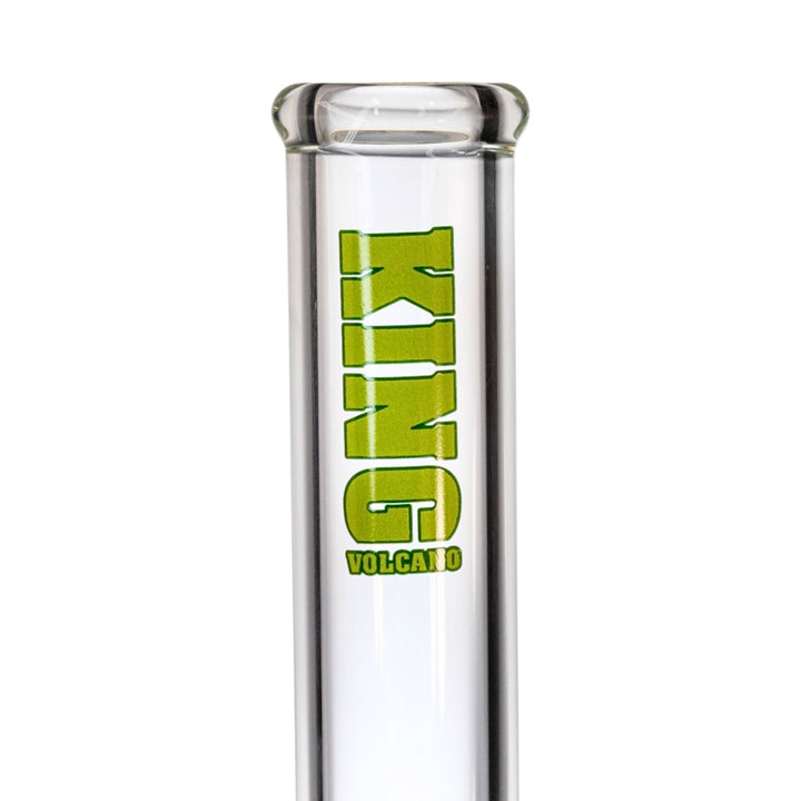 "Up-close view of a green logo on a King Volcano 50mmx14'' clear beaker," - Up N Smoke.