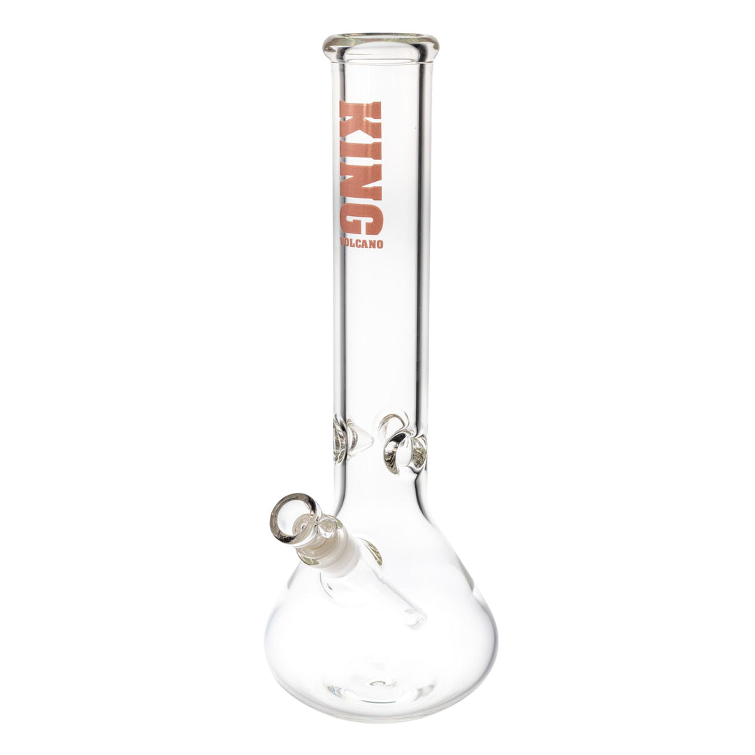 "A clear glass King Volcano 50mmx14'' Beaker with pink branding near the mouthpiece," - Up N Smoke.