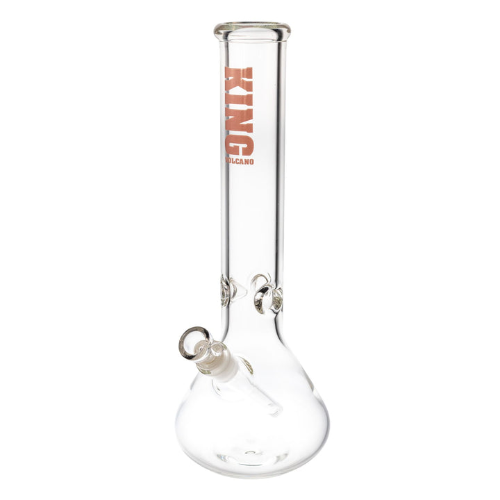 "A clear glass King Volcano 50mmx14'' Beaker with pink branding near the mouthpiece," - Up N Smoke.