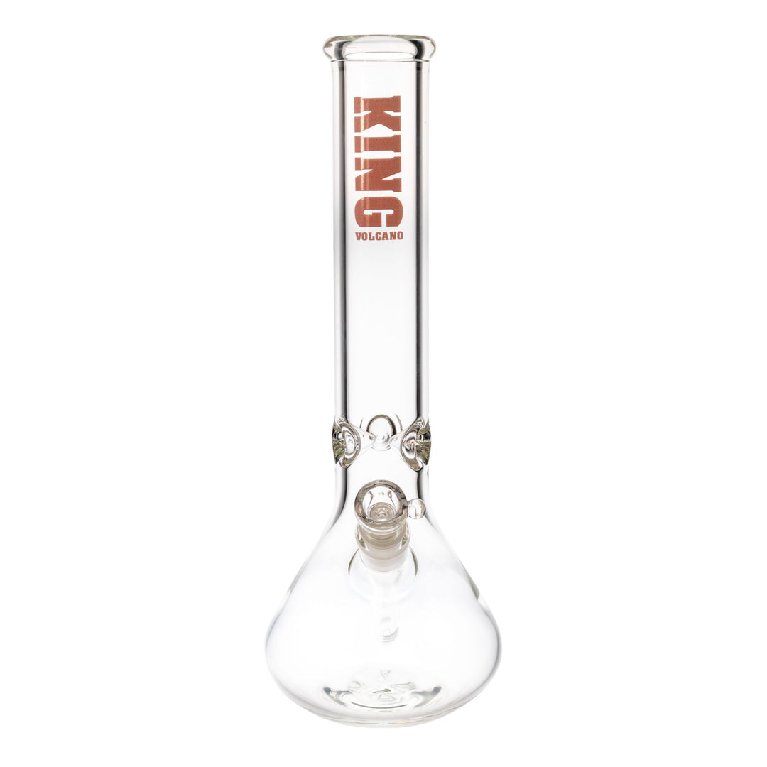 "Straight-on view of an American-made King Volcano 50mmx14'' Beaker with pink branding near the mouthpiece. This glass beaker features a diffused downstem and a three-prong ice pinch," - Up N Smoke.