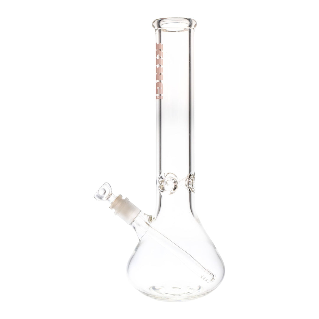 "Left side of a King Volcano 50mmx14in clear glass beaker with a pink logo near the mouthpiece," - Up N Smoke.