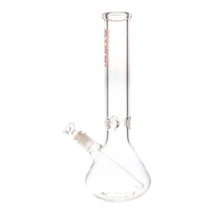 "Left side of a King Volcano 50mmx14in clear glass beaker with a pink logo near the mouthpiece," - Up N Smoke.