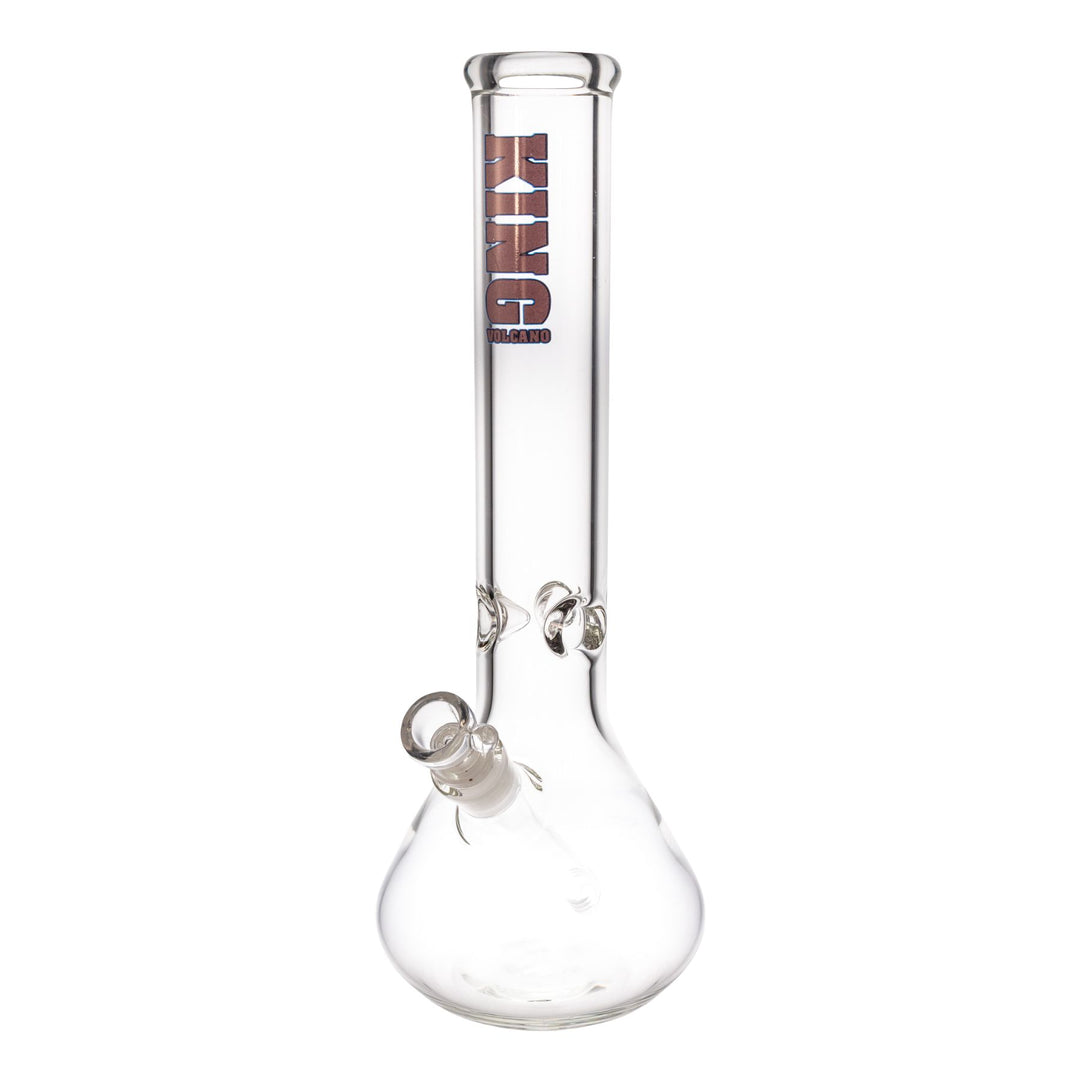 "An American-made King Volcano 50mmx14in Beaker with purple branding near the mouthpiece. This functional glass features a diffused downstem and a three-prong ice pinch," - Up N Smoke.