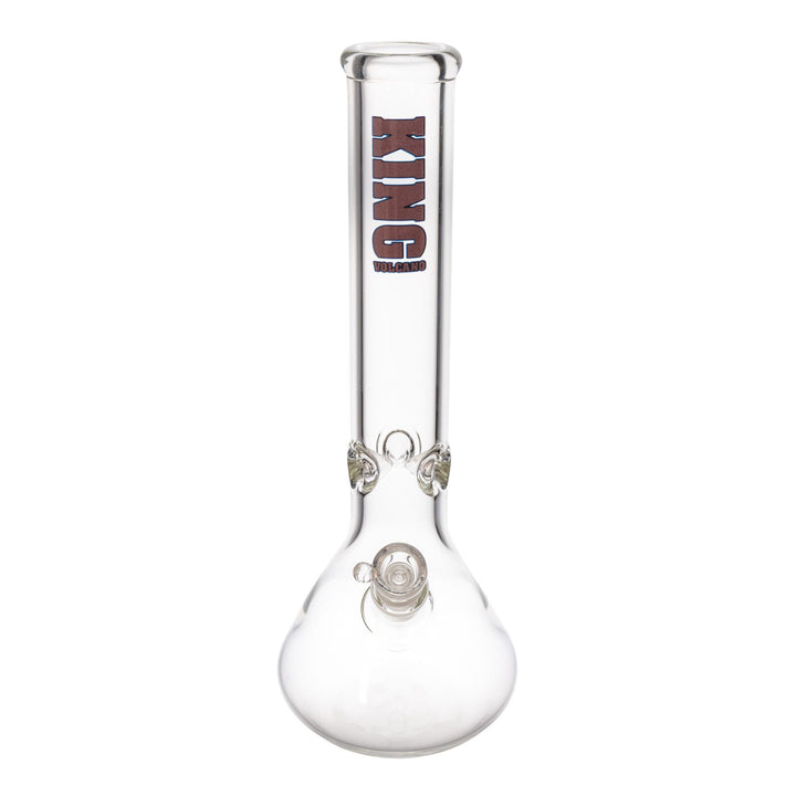"Front-view of a King Volcano 50mmx14'' Beaker with their logo in purple near the mouthpiece," - Up N Smoke.