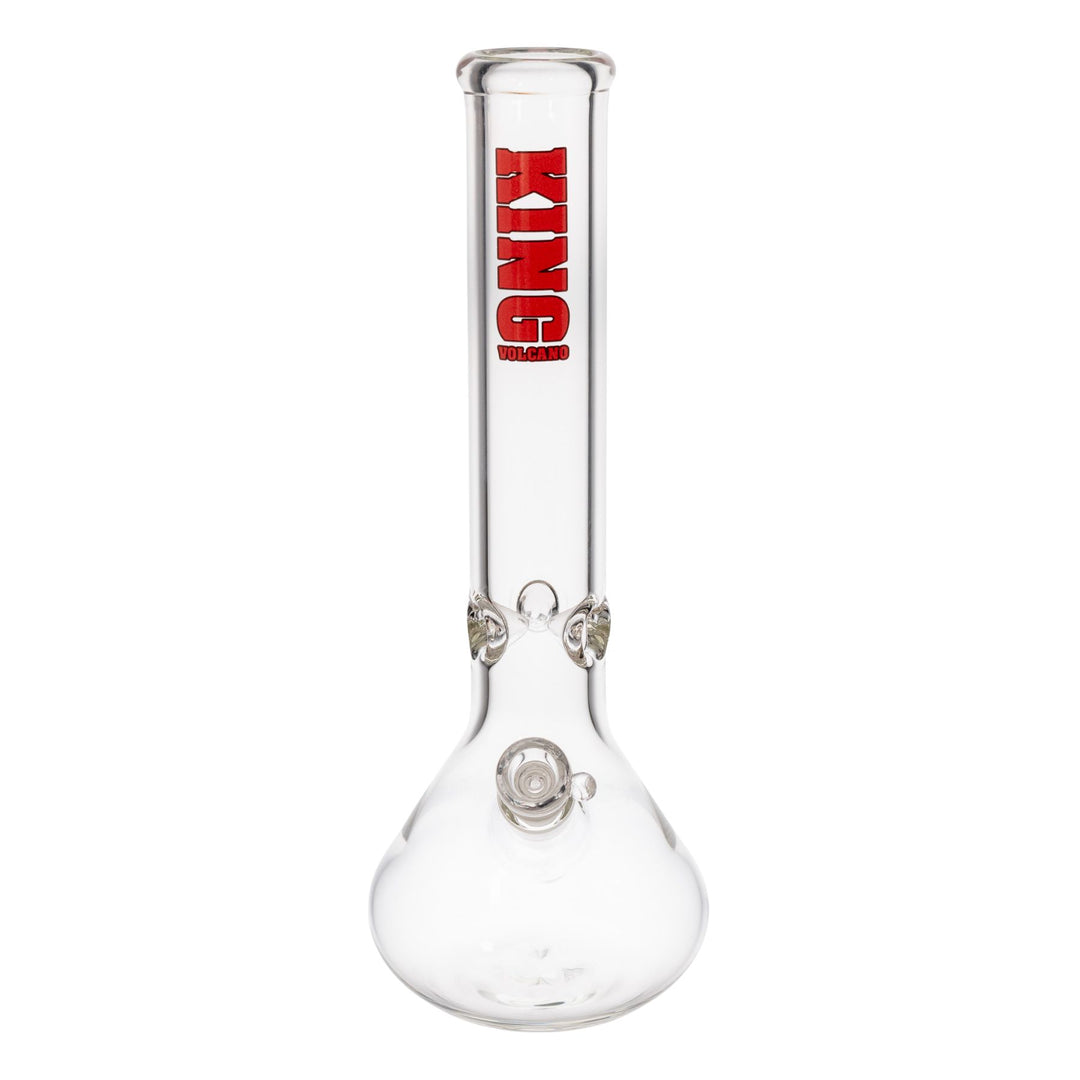 "Clear glass beaker handcrafted by King Volcano with red branding near the mouthpiece. This piece comes with a 14mm male herb slide," - Up N Smoke.