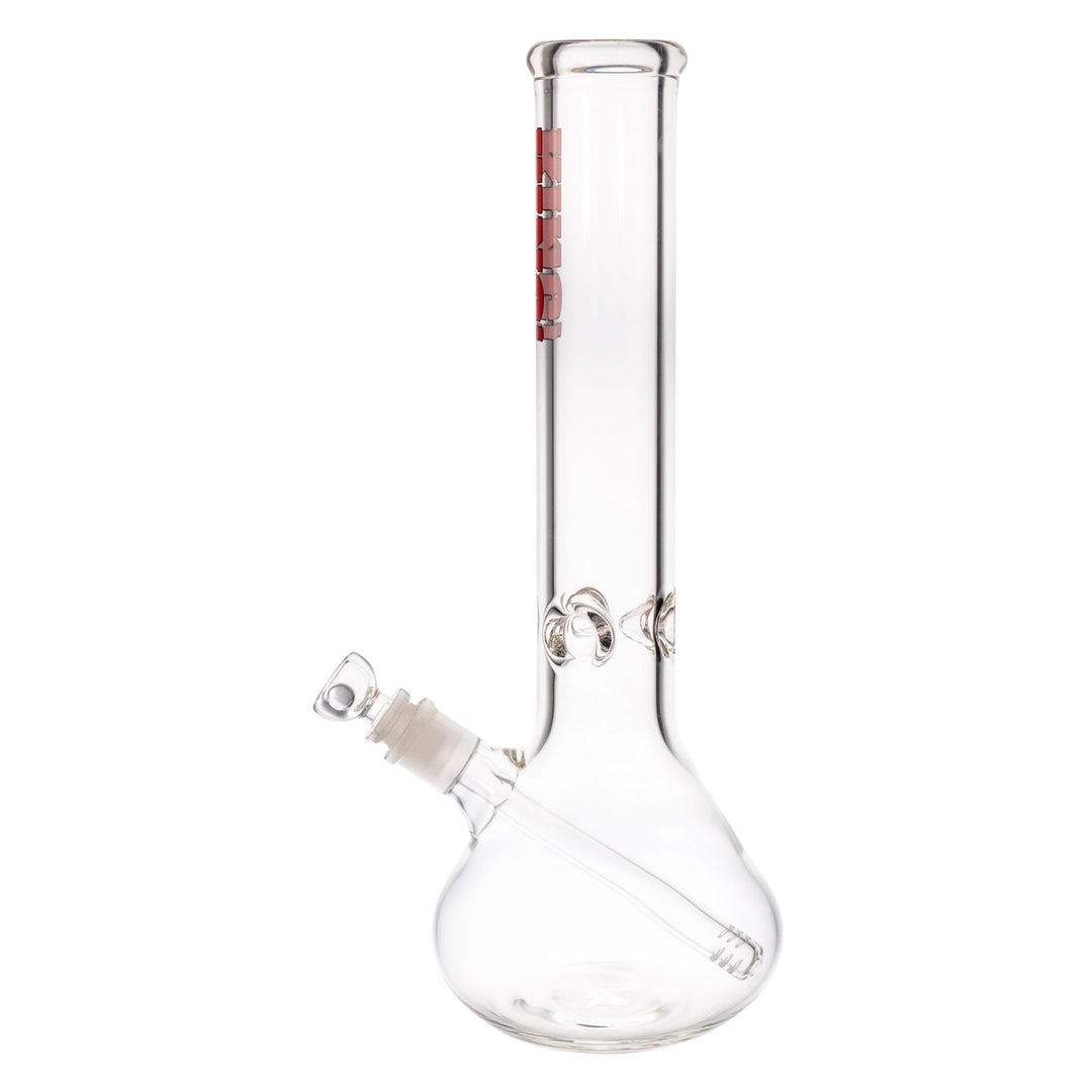"Left-side of a 50mmx14'' King Volcano Beaker with a red logo near the mouthpiece. This water pipe features a three-prong ice pinch and a diffused downstem," - Up N Smoke.
