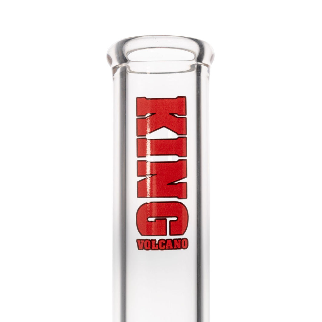 "Close-up of a red 'King Volcano' logo near the mouthpiece of a 50mmx14'' beaker," - Up N Smoke.