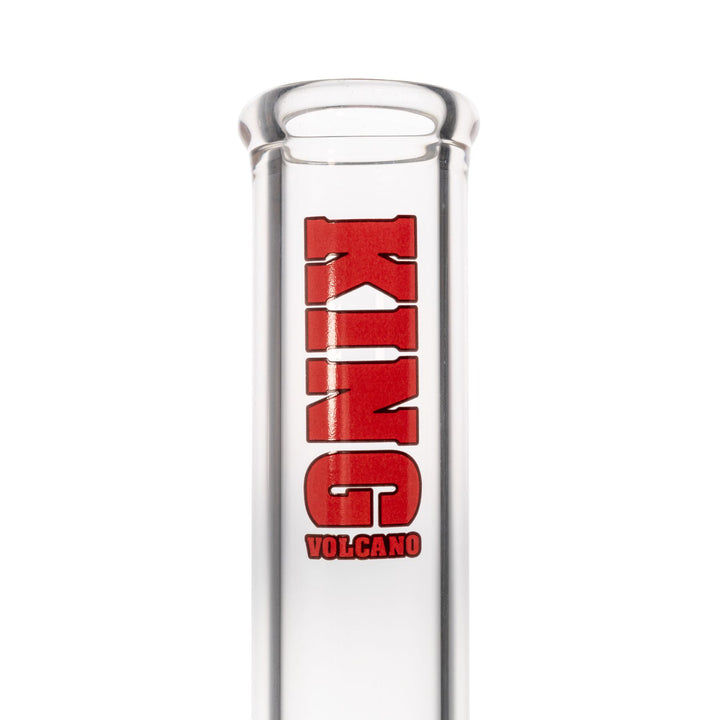 "Close-up of a red 'King Volcano' logo near the mouthpiece of a 50mmx14'' beaker," - Up N Smoke.