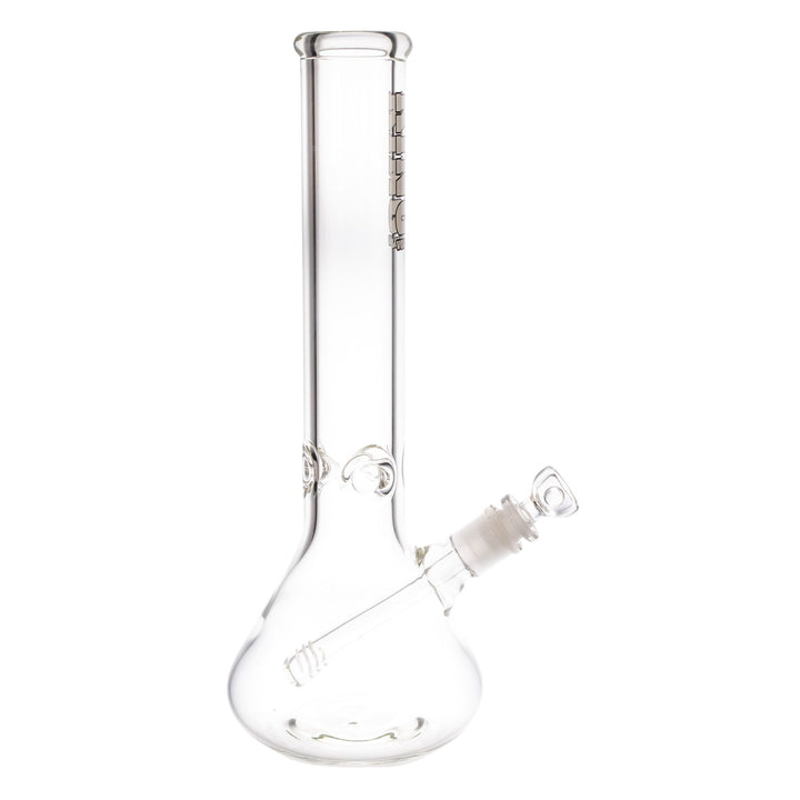 "Right-side of a clear King Volcano 50mmx14'' Beaker with a white logo near the mouthpiece," - Up N Smoke.