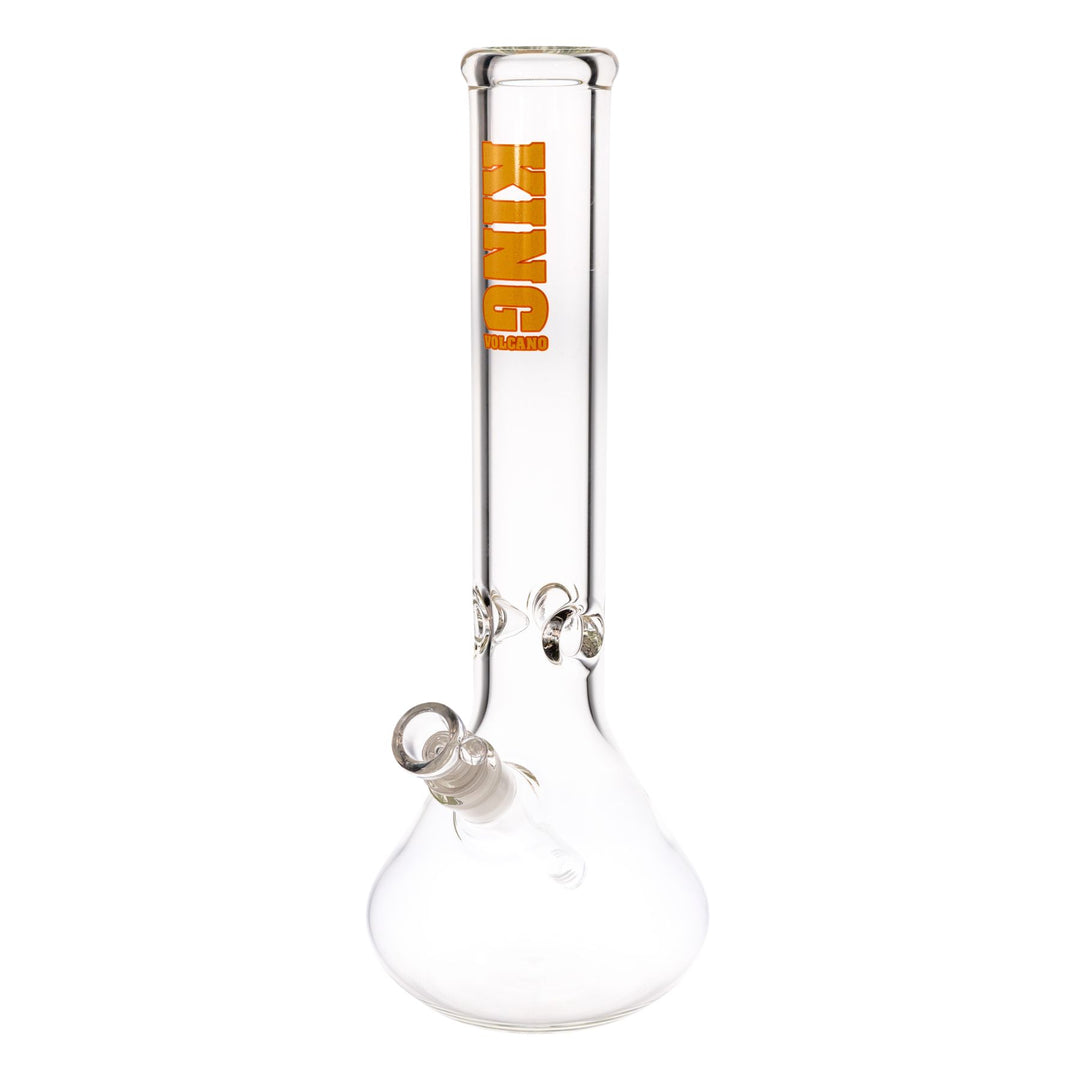 "A clear glass King Volcano 50mmx14'' Beaker handmade in America. This piece has a yellow and red logo near the mouthpiece and features a diffused downstem and three-prong ice pinch," - Up N Smoke.