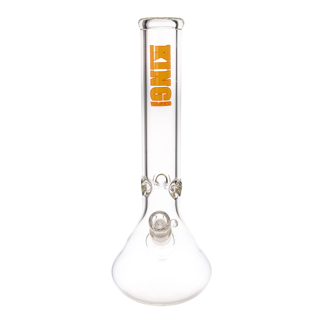 "Front of a King Volcano 50mmx14'' Beaker with a yellow and red logo near the mouthpiece," - Up N Smoke.