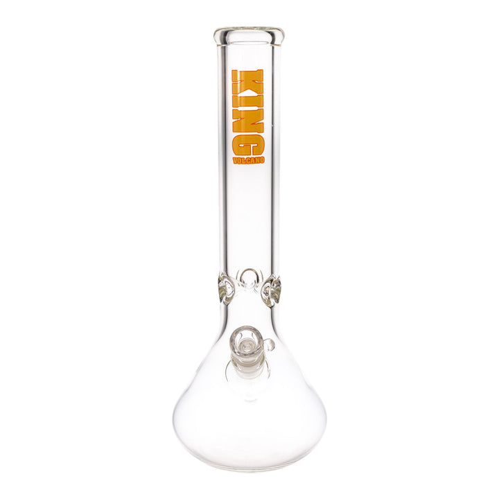 "Front of a King Volcano 50mmx14'' Beaker with a yellow and red logo near the mouthpiece," - Up N Smoke.