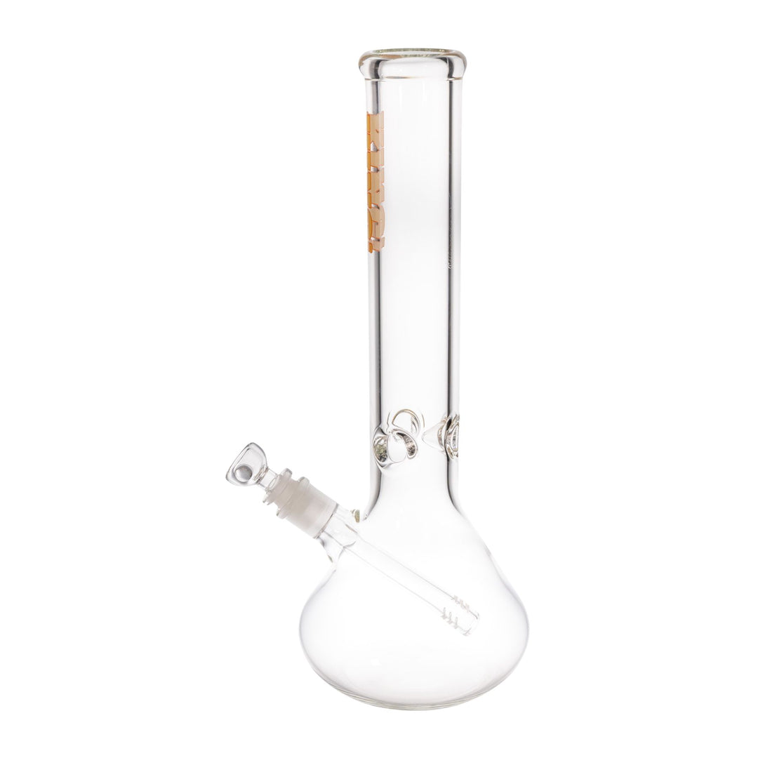 "Left-side of a King Volcano 50mmx14'' water pipe with a yellow and red logo near the top of the beaker," - Up N Smoke.