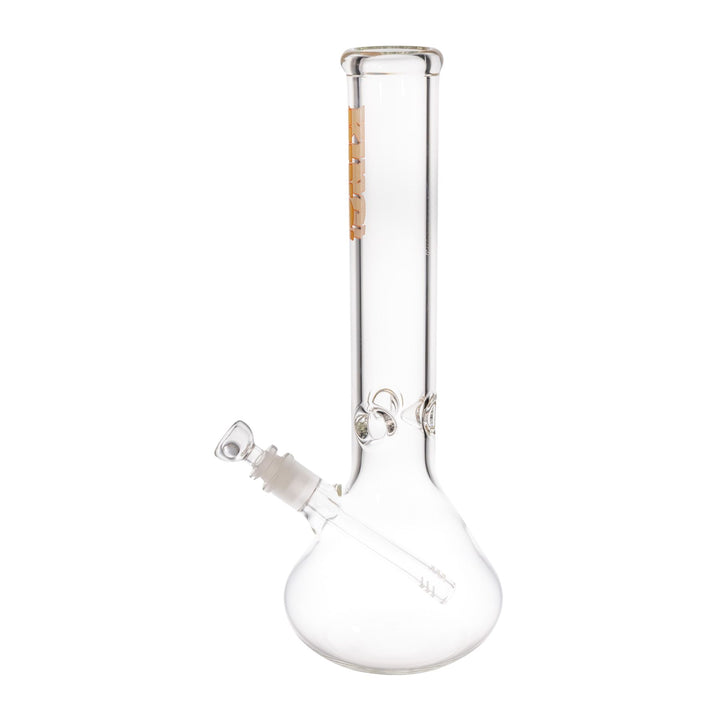 "Left-side of a King Volcano 50mmx14'' water pipe with a yellow and red logo near the top of the beaker," - Up N Smoke.