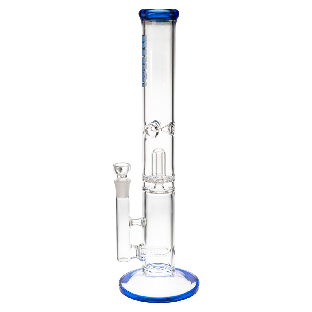 "Left side of a blue King Volcano 50mmx17in Fixed Flare Inline water pipe on a white background," - Up N Smoke.
