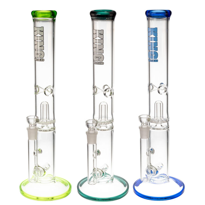 "Group of three King Volcano 50mmx17in Flare Inline water pipes on a white background," - Up N Smoke.