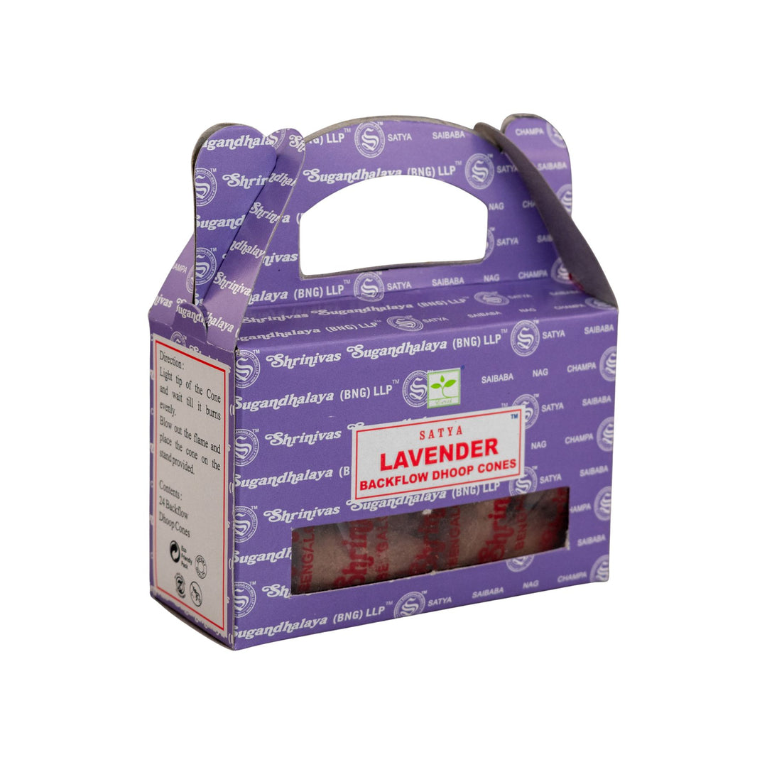 Purple box of Satya's Lavender backflow incense cones on a white background