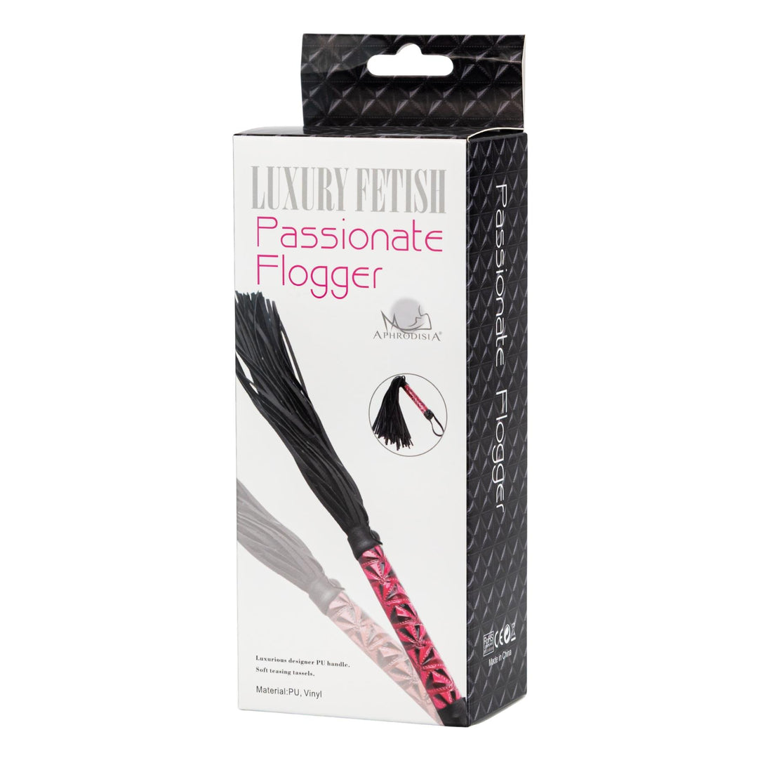 Leather Flogger Whip displayed on a white background showcasing packaging - Up N Smoke