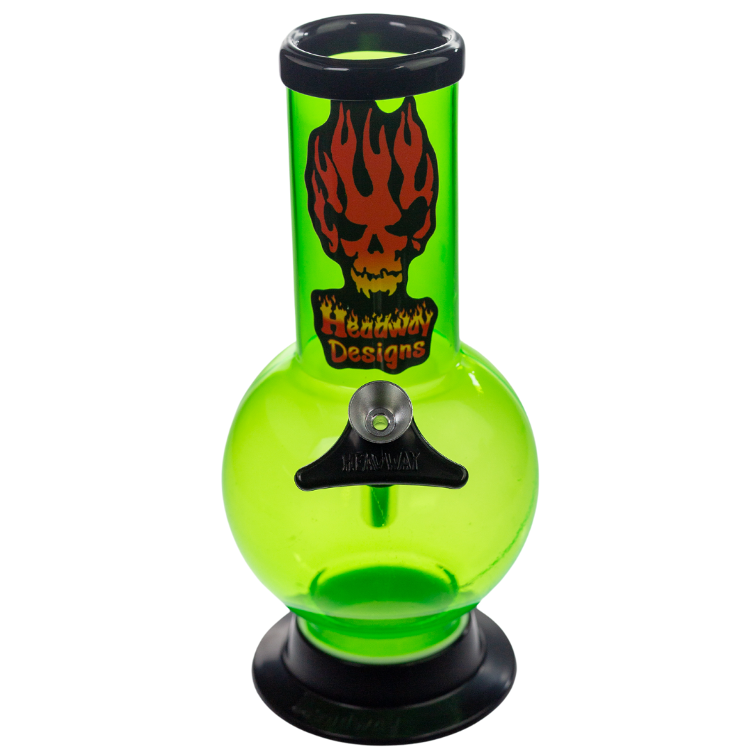 Front view of a small green Headway Designs water pipe. This piece features a bubble chamber at the base, making hits smooth and adding to the appearance of the water pipe. - Up N Smoke.