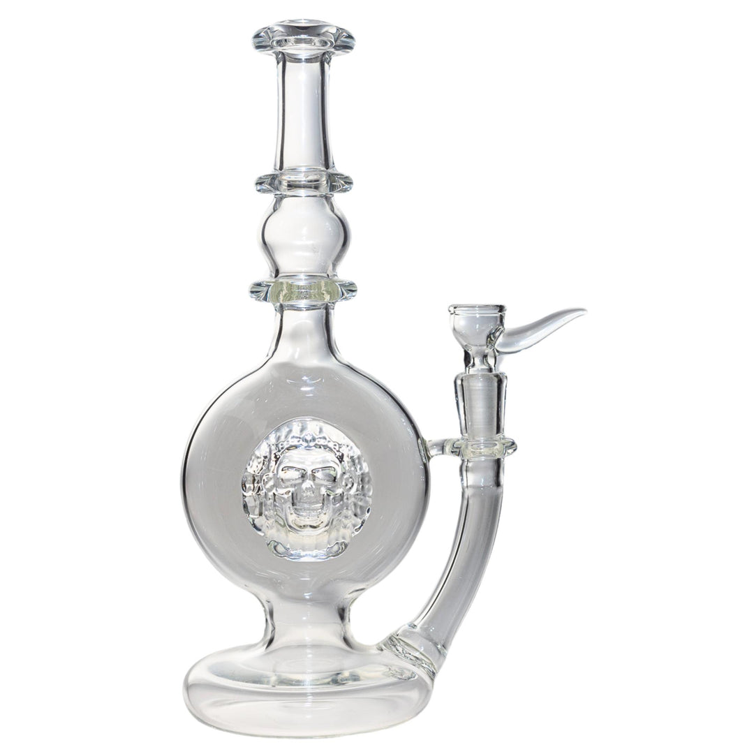 Front view of a clear Lokee rig that features a skull design in the center. This piece has a fixed stem and comes with its own bowl. - Up N Smoke.