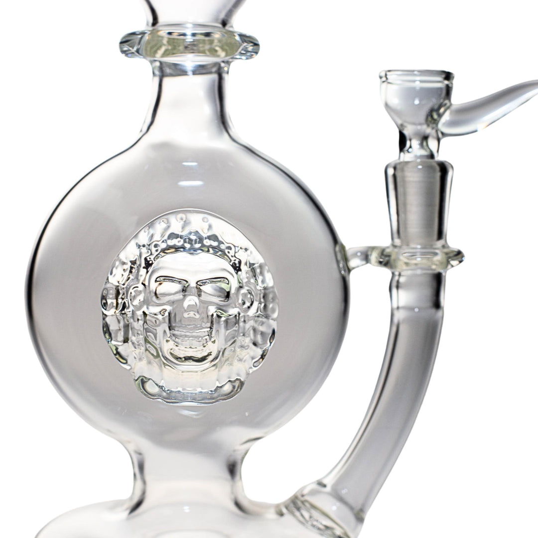 Detailed frontal view of a clear Lokee rig with a skull design in the center. - Up N Smoke.