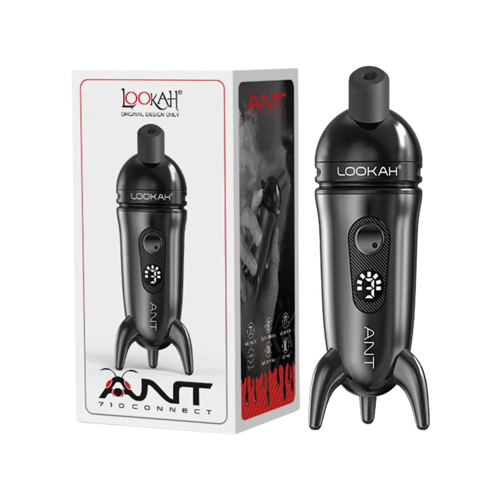 "Black Lookah Ant Vaporizer next to its packaging on a white background," - Up N Smoke.