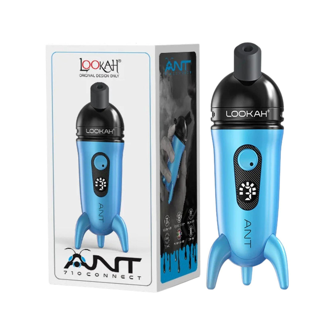 "Blue Lookah Ant Vaporizer next to its packaging on a white background," - Up N Smoke.