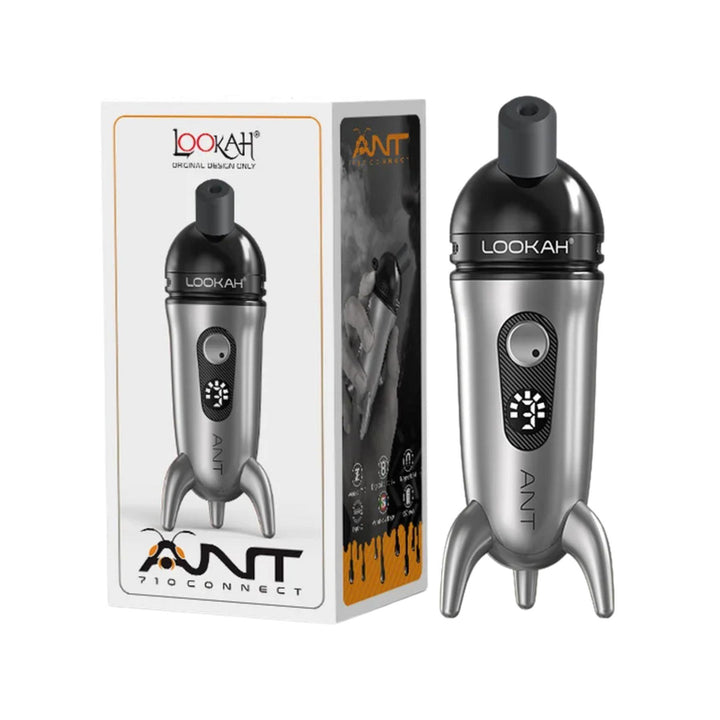 "A grey Lookah Ant Vaporizer next to its packaging on a white background," - Up N Smoke.