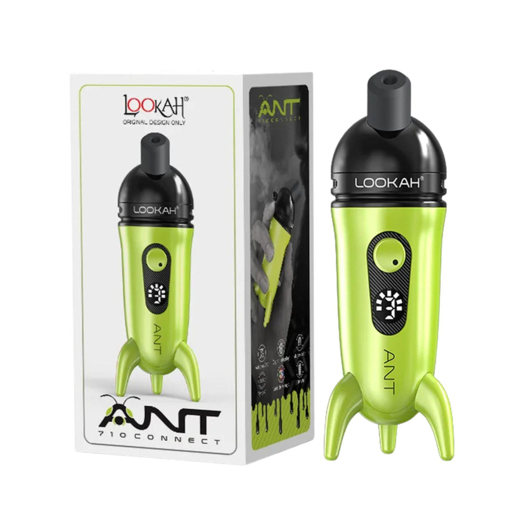 "Neon Green Lookah Ant Vaporizer next to its packaging on a white background," - Up N Smoke.