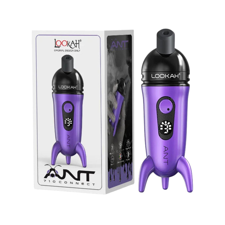 "A purple Lookah Ant Vaporizer next to its packaging on a white background," - Up N Smoke.