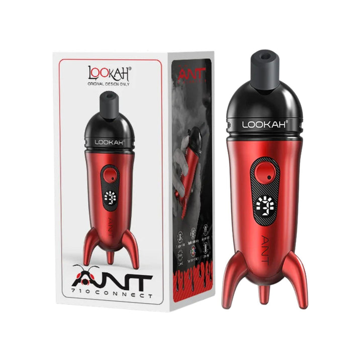 "A red Lookah Ant Vaporizer next to its packaging on a white background," - Up N Smoke.