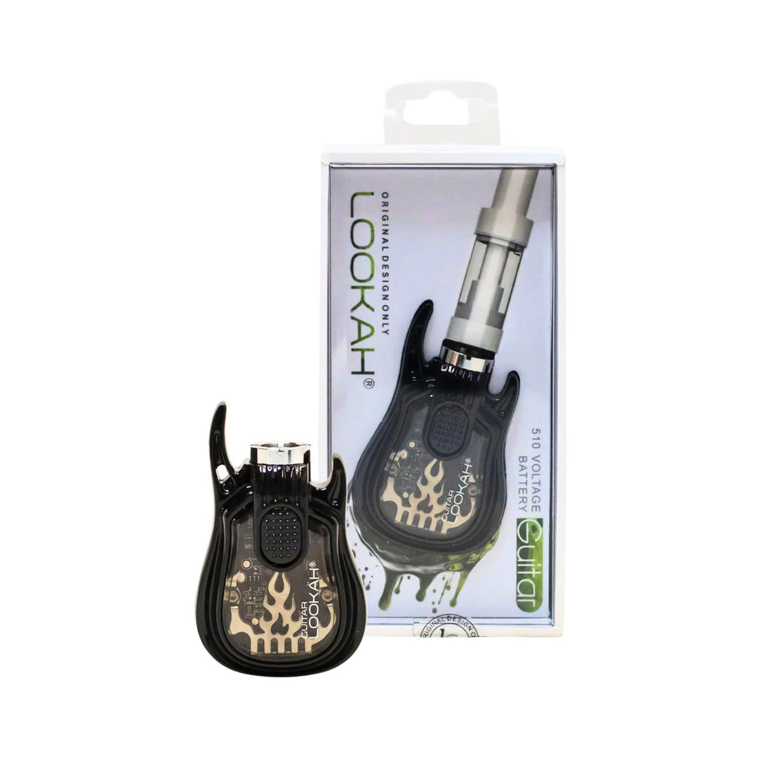 "A black Lookah Guitar 510 Cartridge Battery with its packaging tucked behind it on a white background," - Up N Smoke.