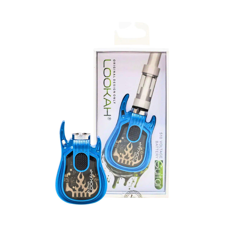 "A blue Lookah Guitar 510 Cartridge Battery with its packaging tucked behind it on a white background," - Up N Smoke.