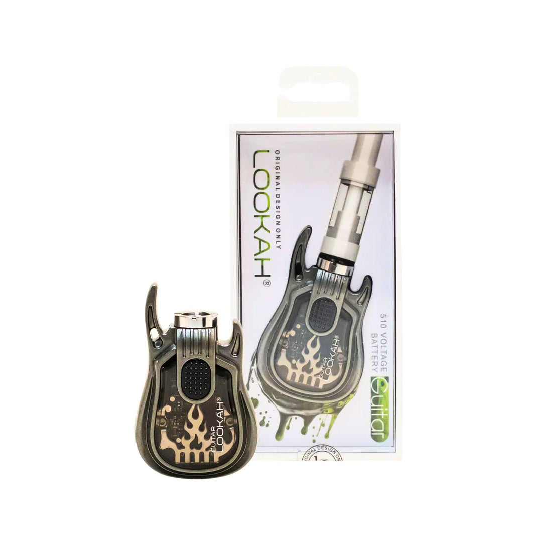 "A grey Lookah Guitar 510 Cartridge Battery with its packaging tucked behind it on a white background," - Up N Smoke.