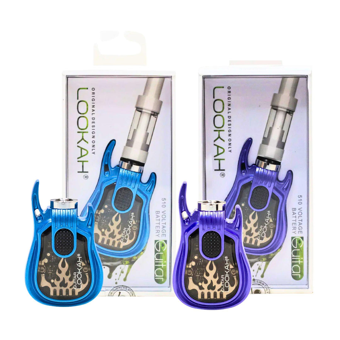 "Two Lookah Guitar 510 Cartridge Batteries with their packaging behind them," - Up N Smoke.