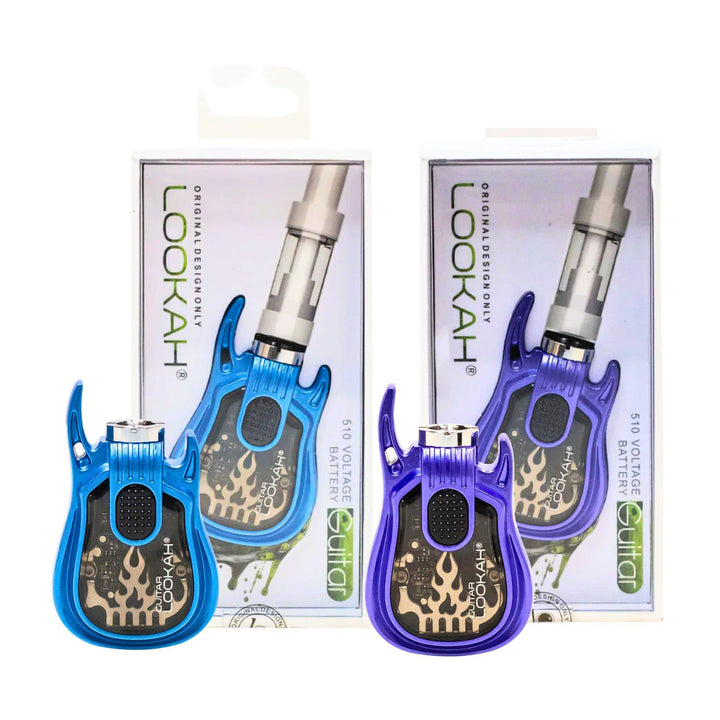 "Two Lookah Guitar 510 Cartridge Batteries with their packaging behind them," - Up N Smoke.