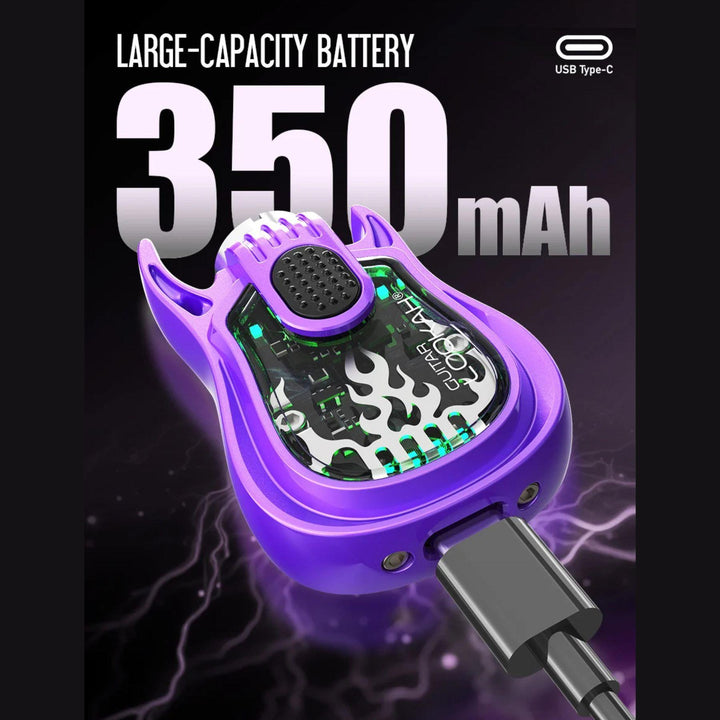 "A Lookah Guitar 510 Battery infographic explaining its large-capacity battery that ramps up to 350 mAh," - Up N Smoke.
