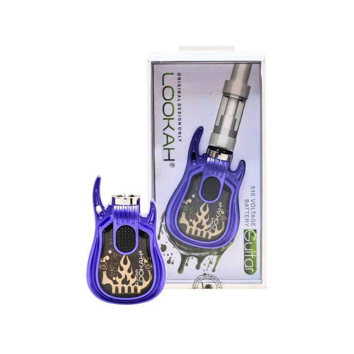"A purple Lookah Guitar 510 Cartridge Battery with its packaging tucked behind it on a white background," - Up N Smoke.