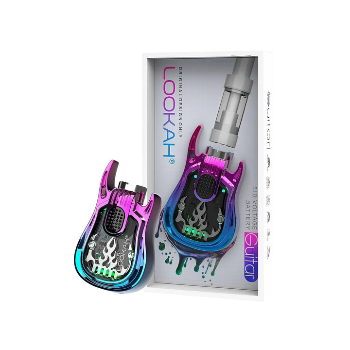 "A rainbow Lookah Guitar 510 Cartridge Battery with its packaging tucked behind it on a white background," - Up N Smoke.