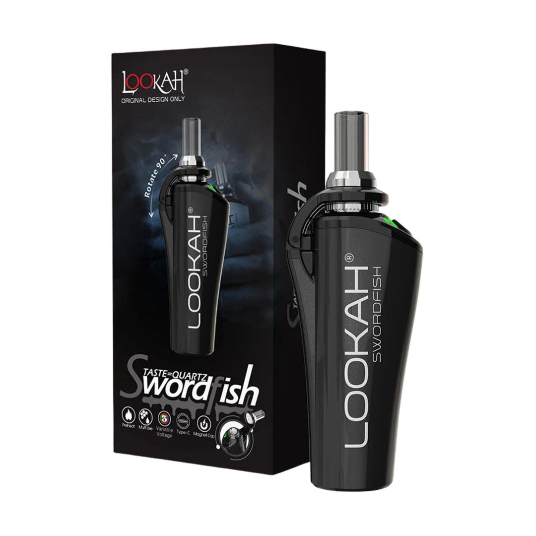 "A black Lookah Swordfish vape device with packaging on a white background," - Up N Smoke.