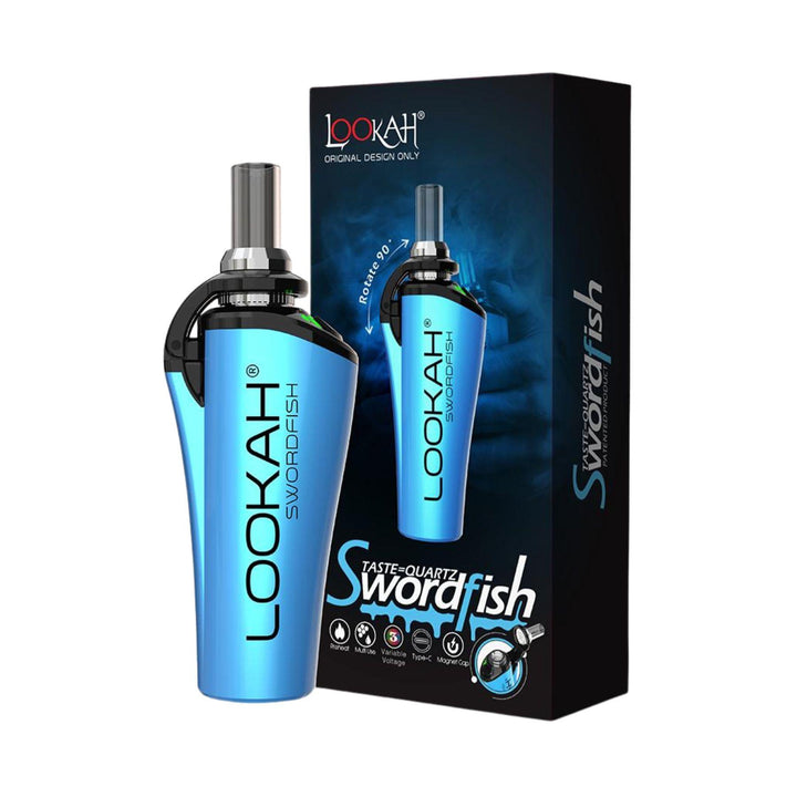 "A light blue Lookah Swordfish Concentrate Vaporizer in front of its packaging on a white background," - Up N Smoke.