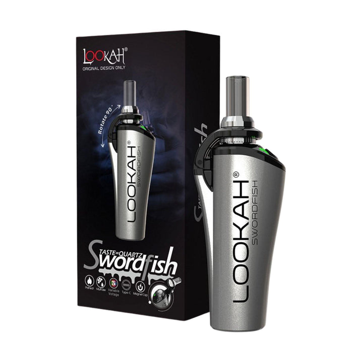 "A grey Lookah Swordfish Concentrate Vaporizer in front of its packaging on a white background," - Up N Smoke.