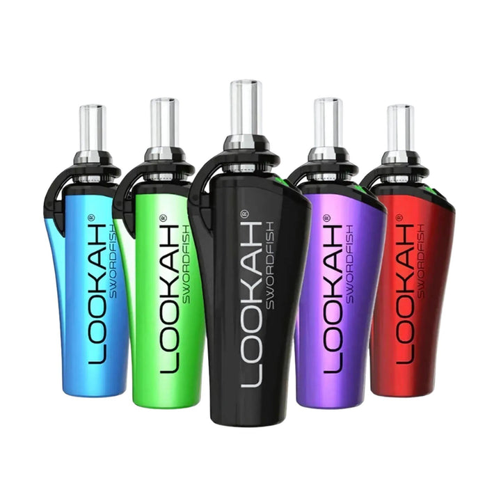 "Five Lookah Swordfish Vaporizers in the colors blue, green, black, purple, and red. This product is used to consume concentrates," - Up N Smoke.