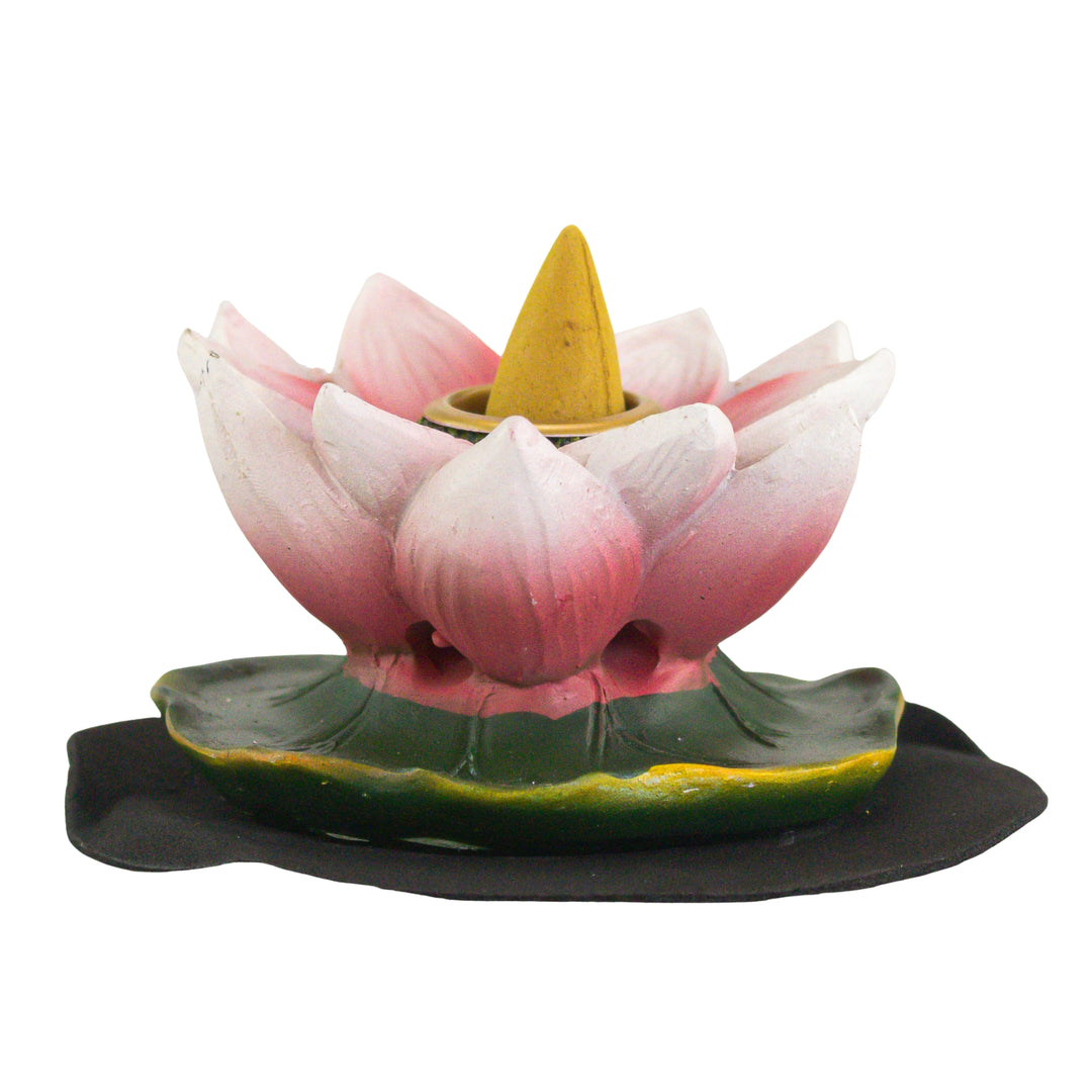 Lotus BackFlow Incense Burner with cone front facing on a white background - Up N Smoke