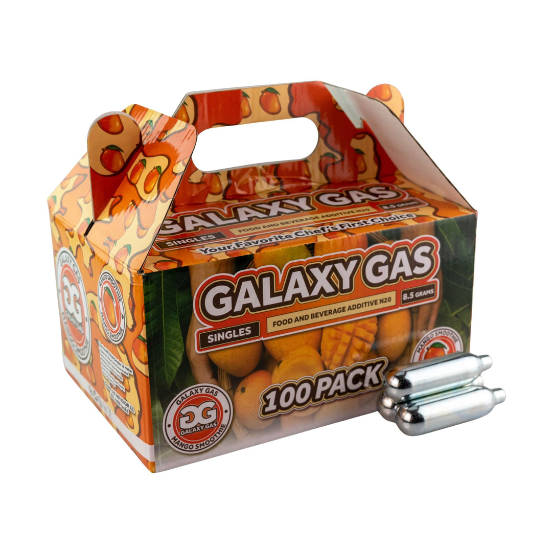 "Side angle of a 100ct box of Mango Smoothie Galaxy Gas with three cartridges in front on a white background," - Up N Smoke.